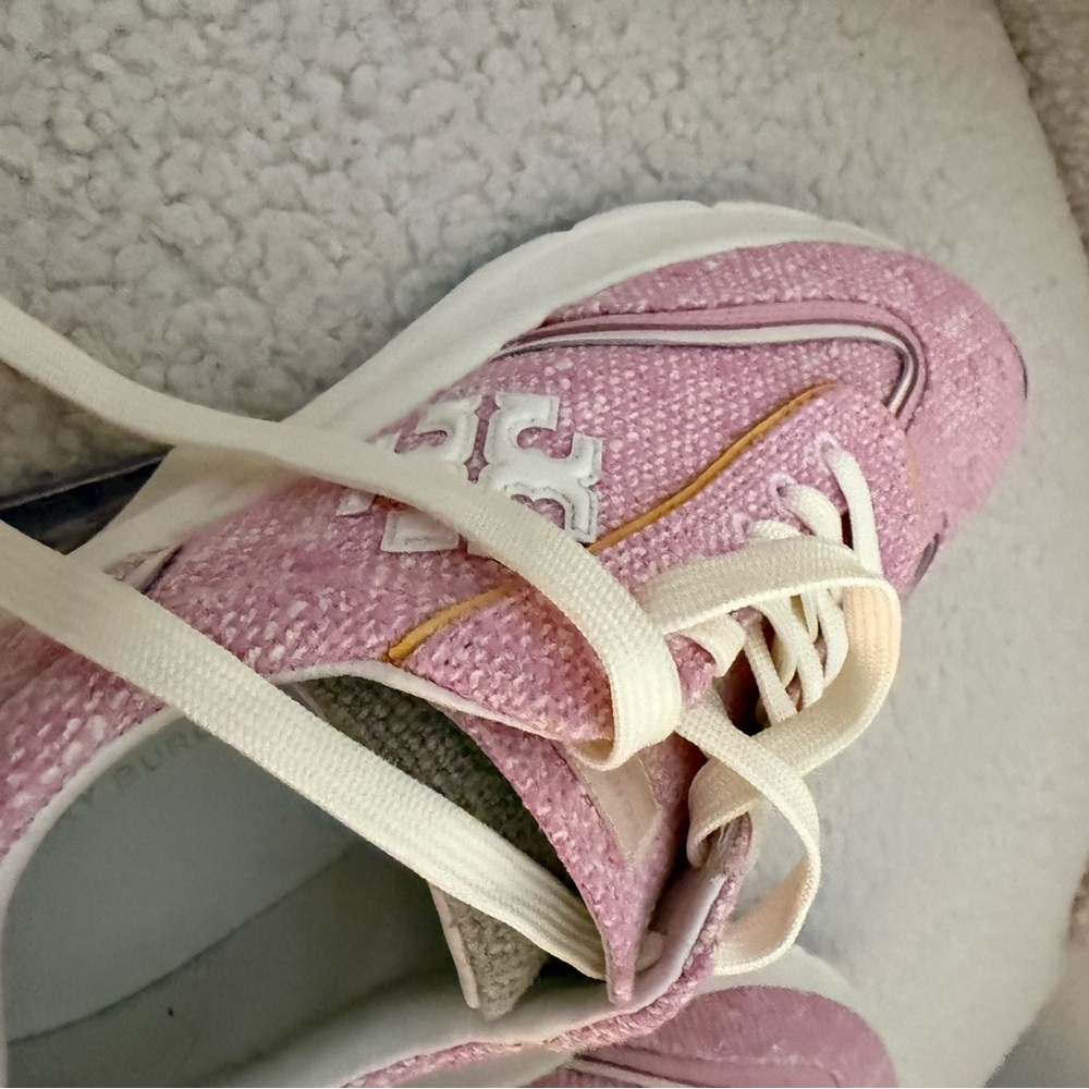 Tory Burch Pink Tweed Platform Logo Sneakers with Lavender Heel - Picture 2 of 5